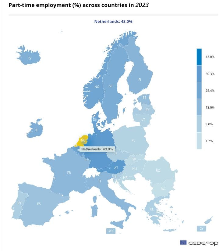 Percentage van mensen die parttime werken per land in 2023