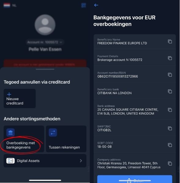 Hoe koop je aandelen en ETF’s via Freedom24 - Saldo storten via de App